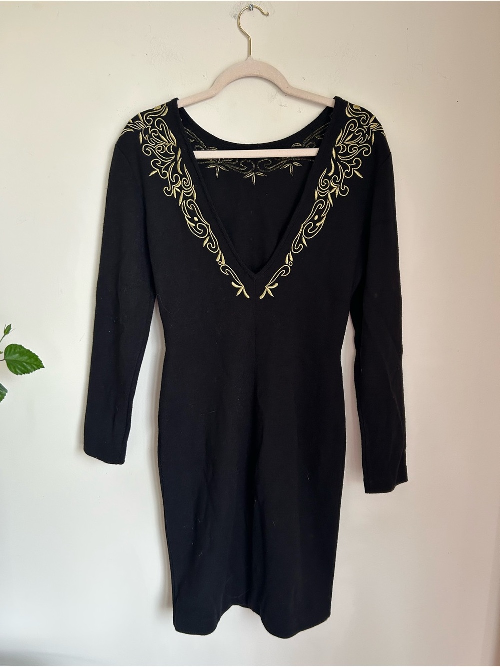 Vintage 1980s  Long Sleeve Dress with Gold Embroidery
